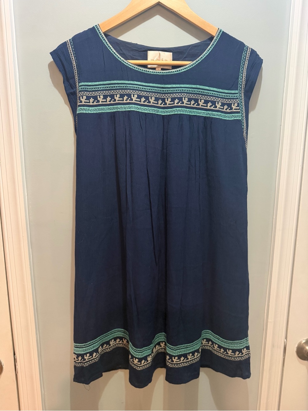 Under Skies Navy Mini Dress with Teal & Cream Embroidery